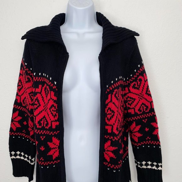ABBIE MAGS Women's Christmas Knit Sweater Front Zip Tasseled Black/Red Size S/P - Picture 4 of 13